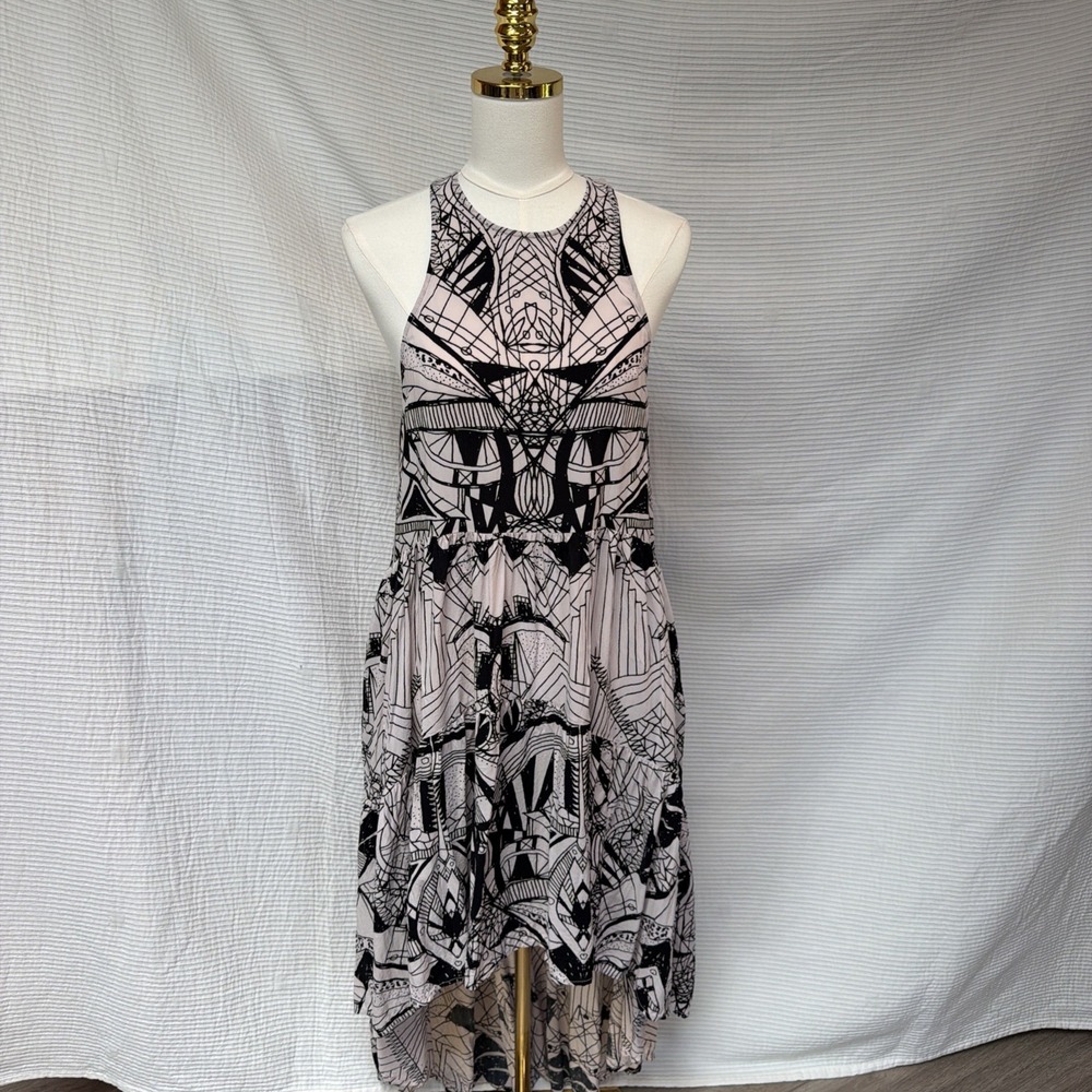 Free People Race Back Asymmetrical Long Flowy Strappy Dress Black White Size XS